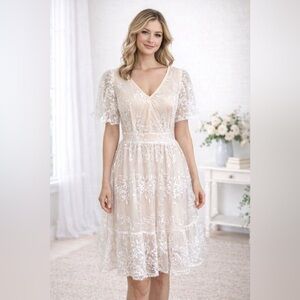 NWT Simplee Lace Overlay Dress | Cream Blush | Flutter Sleeves | Romantic